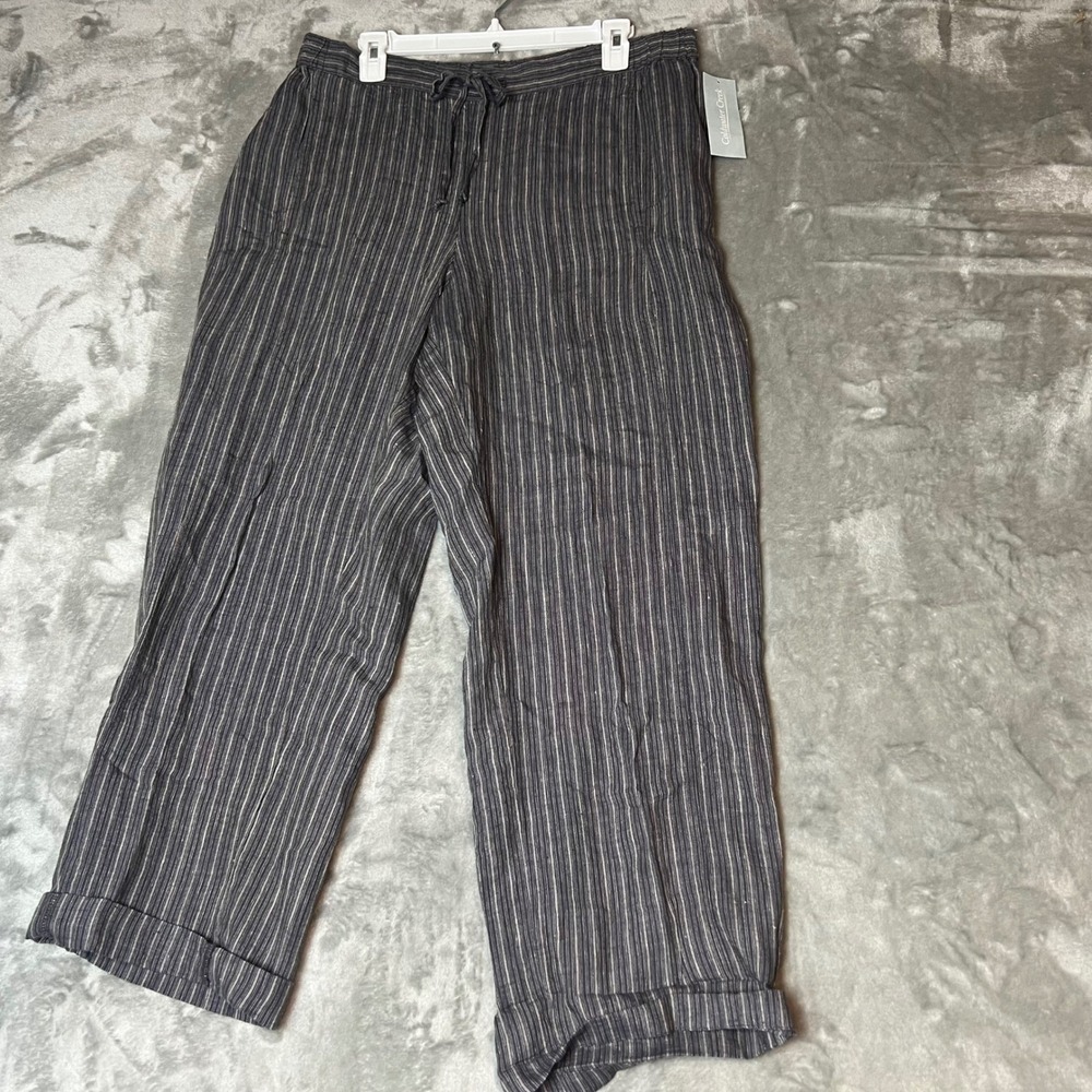 Coldwater Creek Charcoal Multi Stripe Linen Wide Leg Pants Size 14 NWT